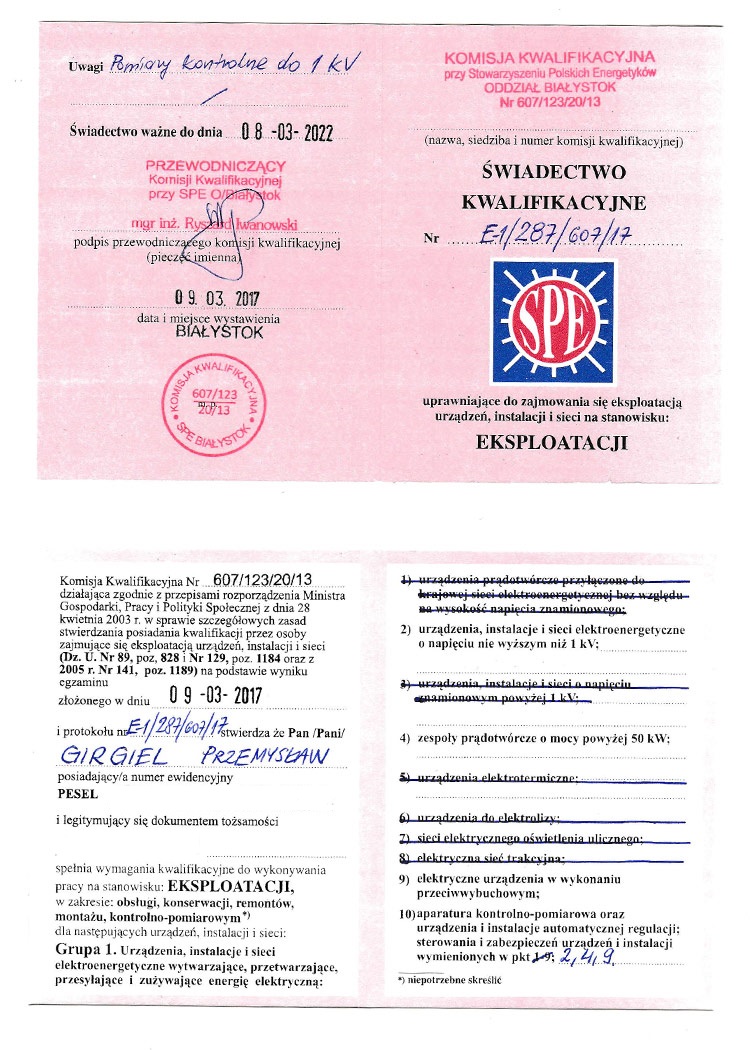 NEWswiadectwo kwalifikacyjne stanowisko eksploatacji