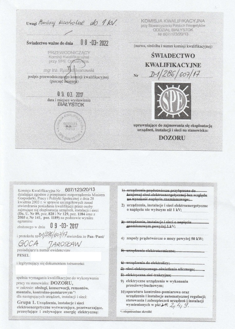 NEWswiadectwo kwalifikacyjne stanowisko dozor